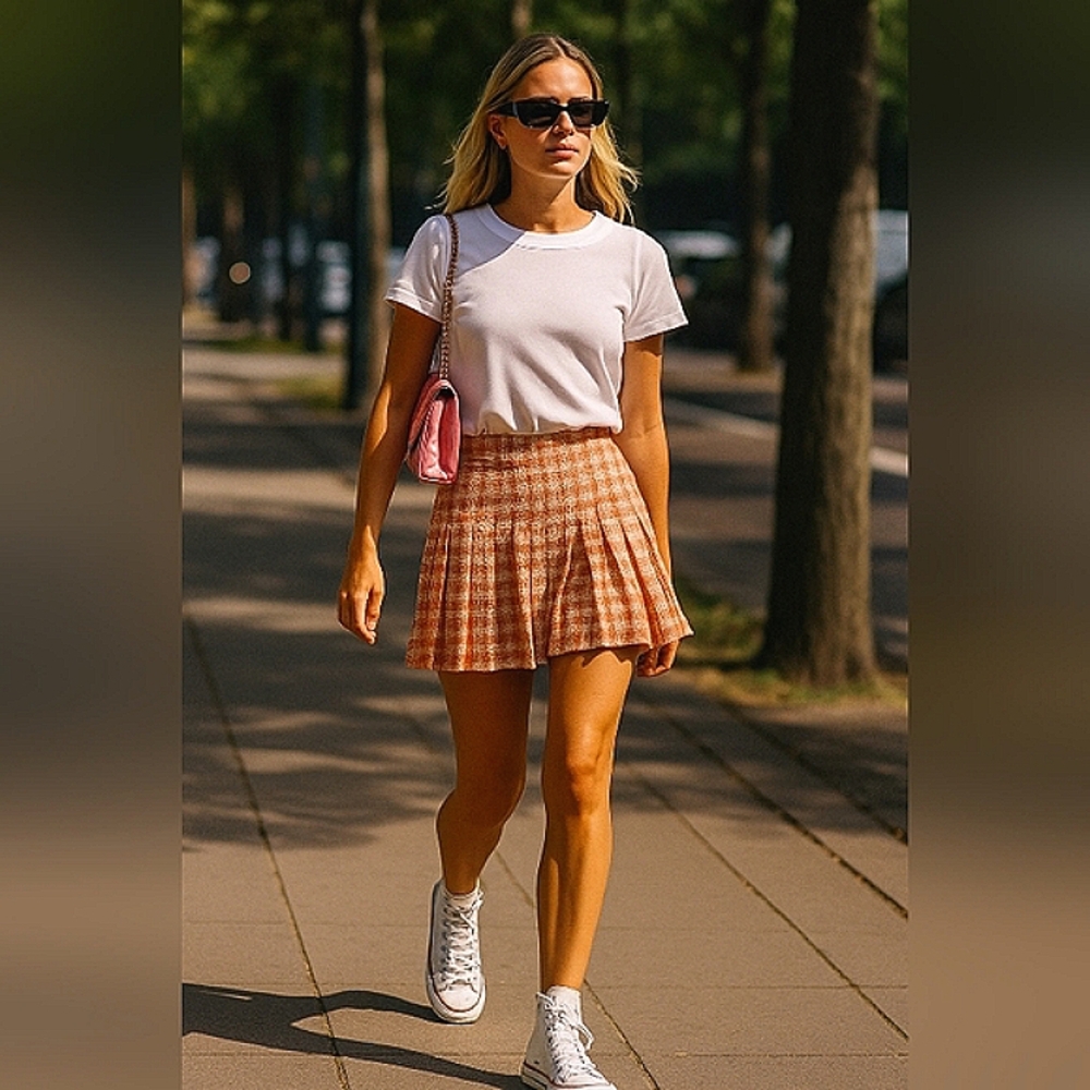 ZARA🐞Y2K Tweed Plaid Orange Cream Pleated Mini High Waisted Skirt Sz:S - Picture 4 of 9